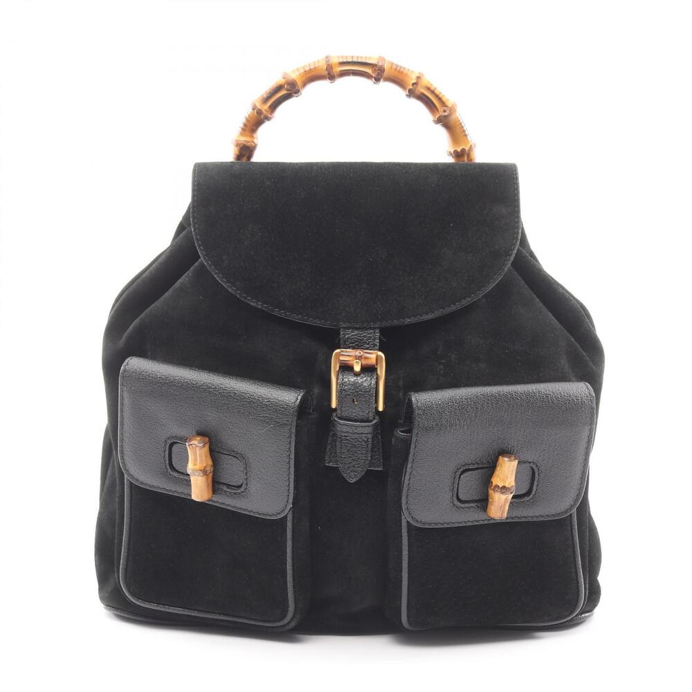 Gucci Bamboo Drawstring Backpack Rucksack Suede Leather Black